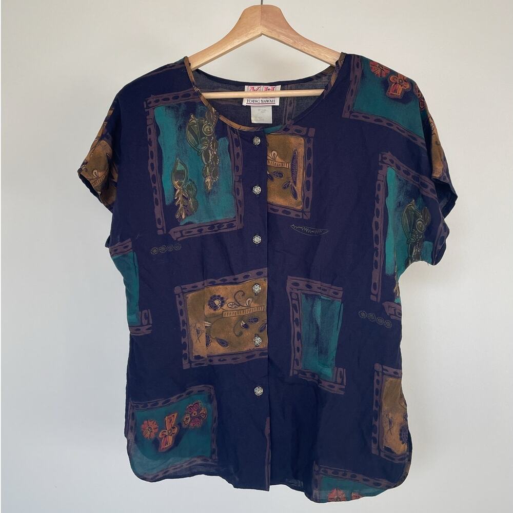 Vtg 90's Young Hawaii Floral Patterned Rayon Top / Sz L / Womens Hawaiian Retro